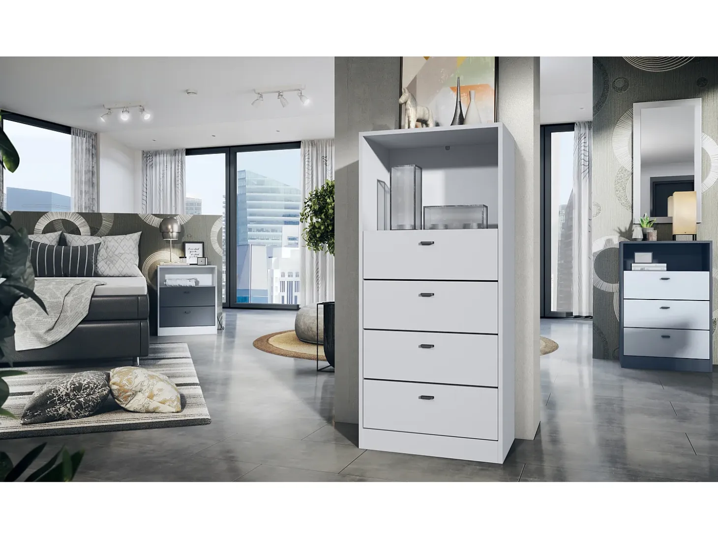 Vladon cómoda Pino V3, aparador con 4 cajones y 1 compartimento abierto, Blanco mate/Blanco mate sin LED (56 x 125 x 36 cm)