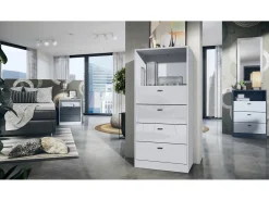 Vladon cómoda Pino V3, aparador con 4 cajones y 1 compartimento abierto, Blanco mate/Blanco de alto brillo sin LED (56 x 125 x 36 cm)