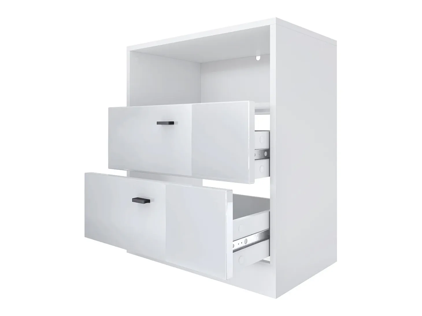 Vladon cómoda Pino V1, mesilla de noche con 2 cajones y 1 compartimento abierto, blanco mate/Blanco de alto brillo con iluminación LED RVB (56 x 67,5 x 36 cm)