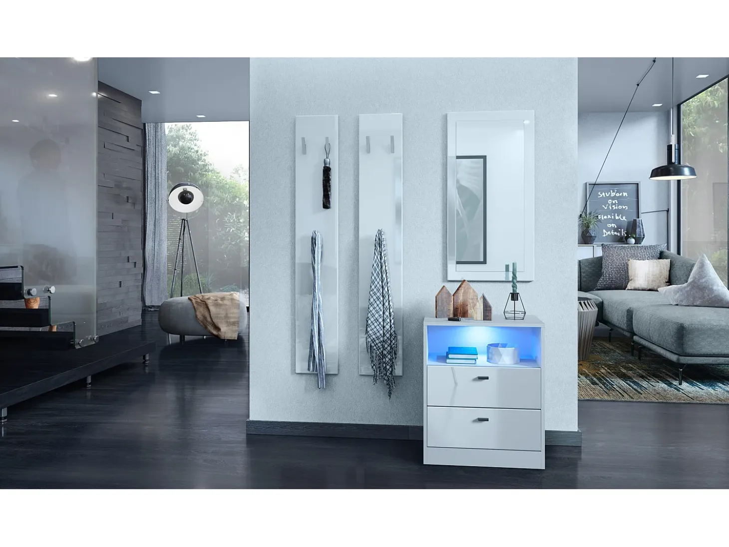Vladon cómoda Pino V1, mesilla de noche con 2 cajones y 1 compartimento abierto, blanco mate/Blanco de alto brillo con iluminación LED RVB (56 x 67,5 x 36 cm)