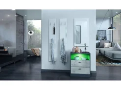 Vladon cómoda Pino V1, mesilla de noche con 2 cajones y 1 compartimento abierto, antracita mate/Hormigón oxidado con iluminación LED RVB (56 x 67,5 x 36 cm)