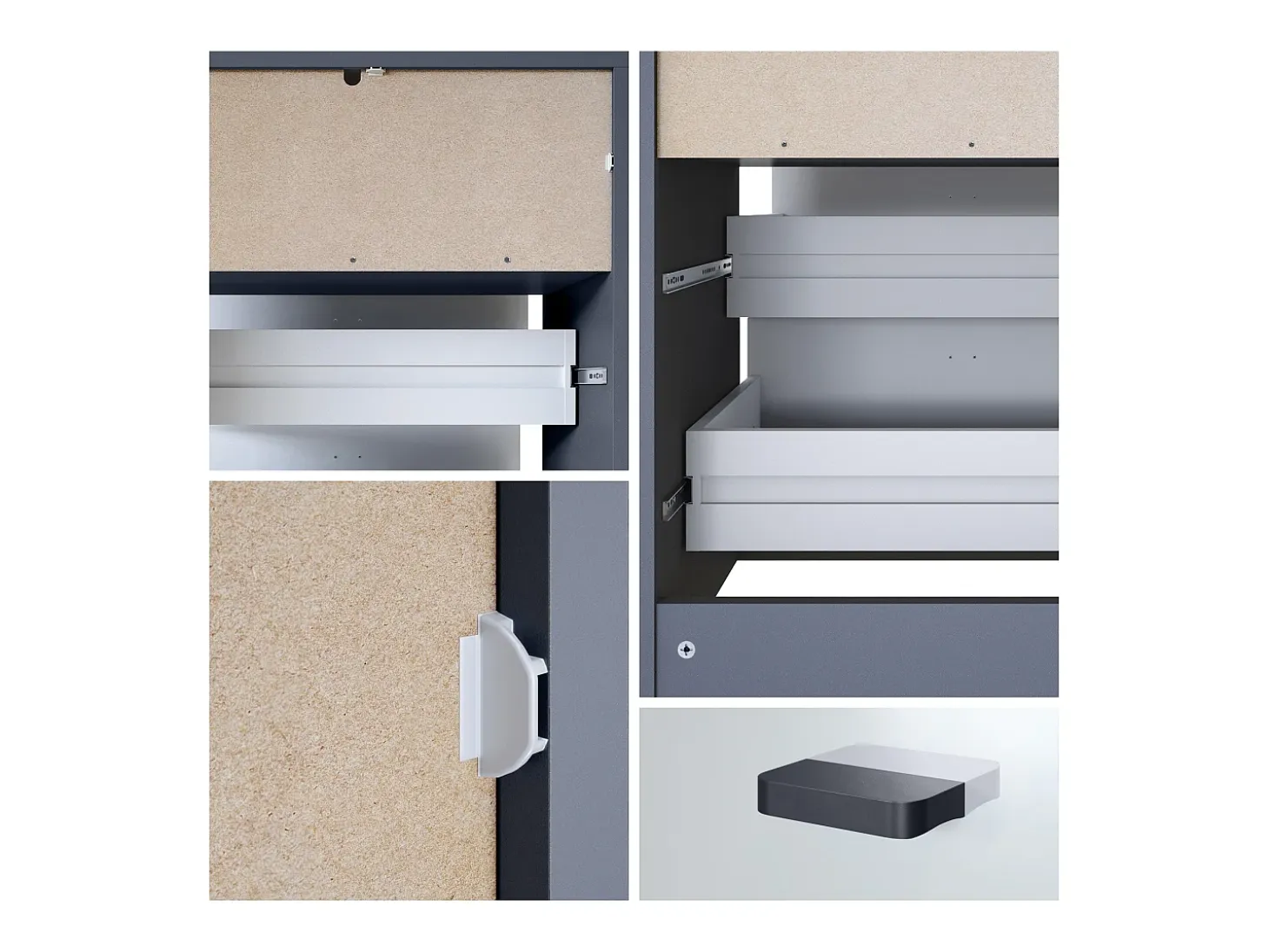 Vladon cómoda Pino V1, mesilla de noche con 2 cajones y 1 compartimento abierto, antracita mate/Hormigón oxidado con iluminación LED RVB (56 x 67,5 x 36 cm)