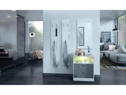 Vladon cómoda Pino V1, mesilla de noche con 2 cajones y 1 compartimento abierto, blanco mate/Gris de alto brillo con iluminación LED RVB (56 x 67,5 x 36 cm)