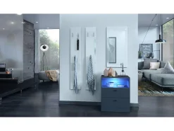 Vladon cómoda Pino V1, mesilla de noche con 2 cajones y 1 compartimento abierto, antracita mate/undefined con iluminación LED RVB (56 x 67,5 x 36 cm)