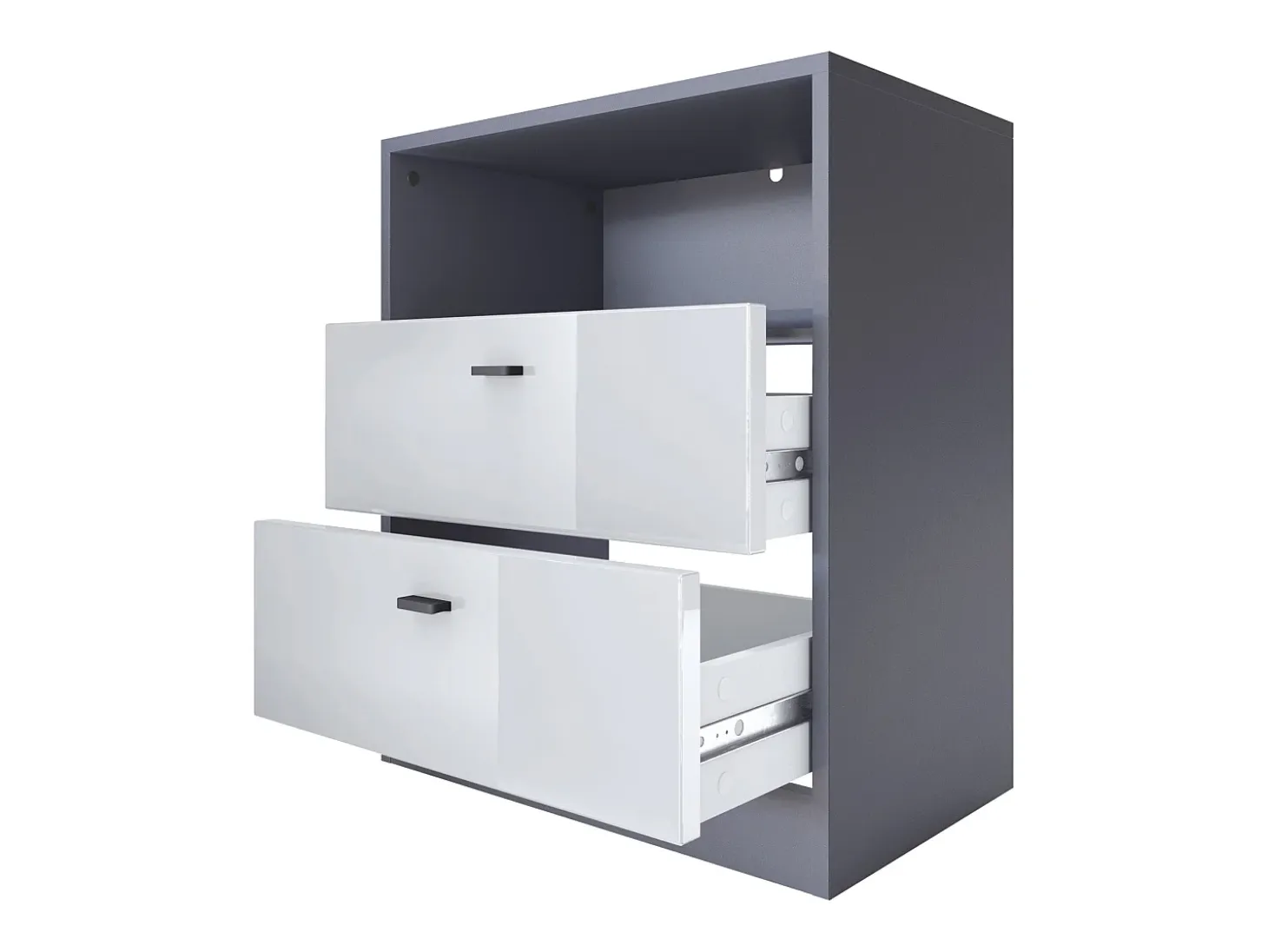 Vladon cómoda Pino V1, mesilla de noche con 2 cajones y 1 compartimento abierto, antracita mate/Blanco de alto brillo con iluminación LED RVB (56 x 67,5 x 36 cm)