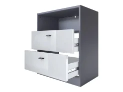 Vladon cómoda Pino V1, mesilla de noche con 2 cajones y 1 compartimento abierto, antracita mate/Gris de alto brillo sin LED (56 x 67,5 x 36 cm)