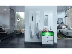 Vladon cómoda Pino V1, mesilla de noche con 2 cajones y 1 compartimento abierto, antracita mate/Blanco mate con iluminación LED RVB (56 x 67,5 x 36 cm)