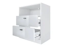 Vladon cómoda Pino V1, mesilla de noche con 2 cajones y 1 compartimento abierto, blanco mate/Roble natural con iluminación LED RVB (56 x 67,5 x 36 cm)