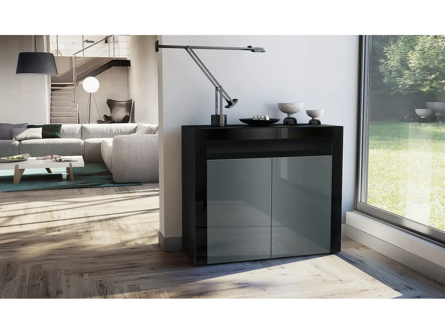 Vladon Cómoda Valencia, Cajonera con 2 Puertas y 1 Compartimento abierto, Negro mate/gris de alto brillo/negro de alto brillo (108 x 92 x 40 cm)