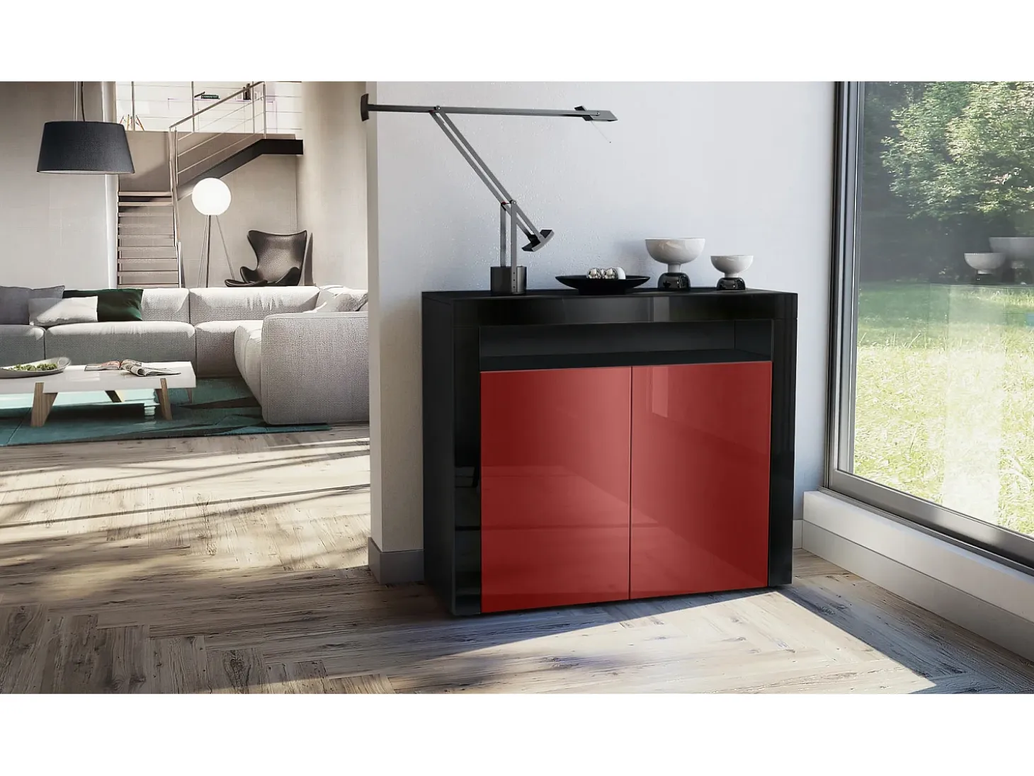 Vladon Cómoda Valencia, Cajonera con 2 Puertas y 1 Compartimento abierto, Negro mate/burdeos de alto brillo/negro de alto brillo (108 x 92 x 40 cm)