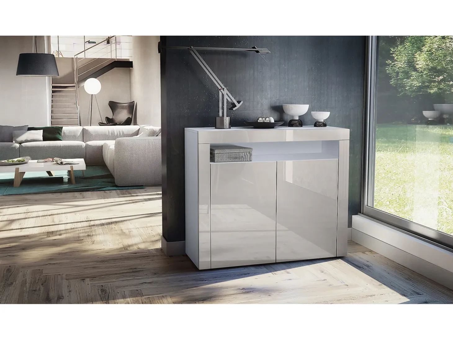 Vladon Cómoda Valencia, Cajonera con 2 Puertas y 1 Compartimento abierto, Blanco mate/gris arena de alto brillo/gris arena de alto brillo (108 x 92 x 40 cm)