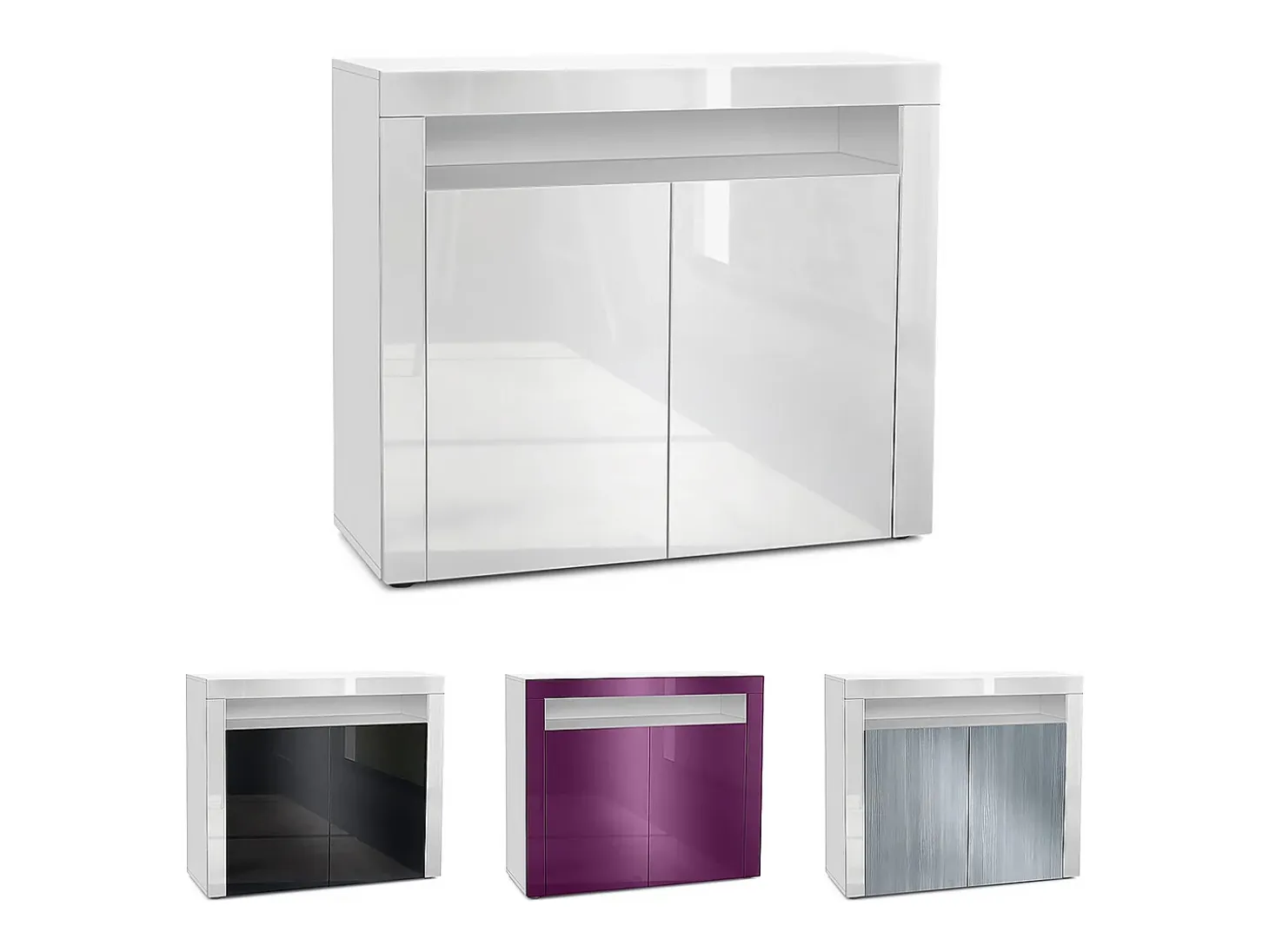 Vladon Cómoda Valencia, Cajonera con 2 Puertas y 1 Compartimento abierto, Blanco mate/gris arena de alto brillo/gris arena de alto brillo (108 x 92 x 40 cm)