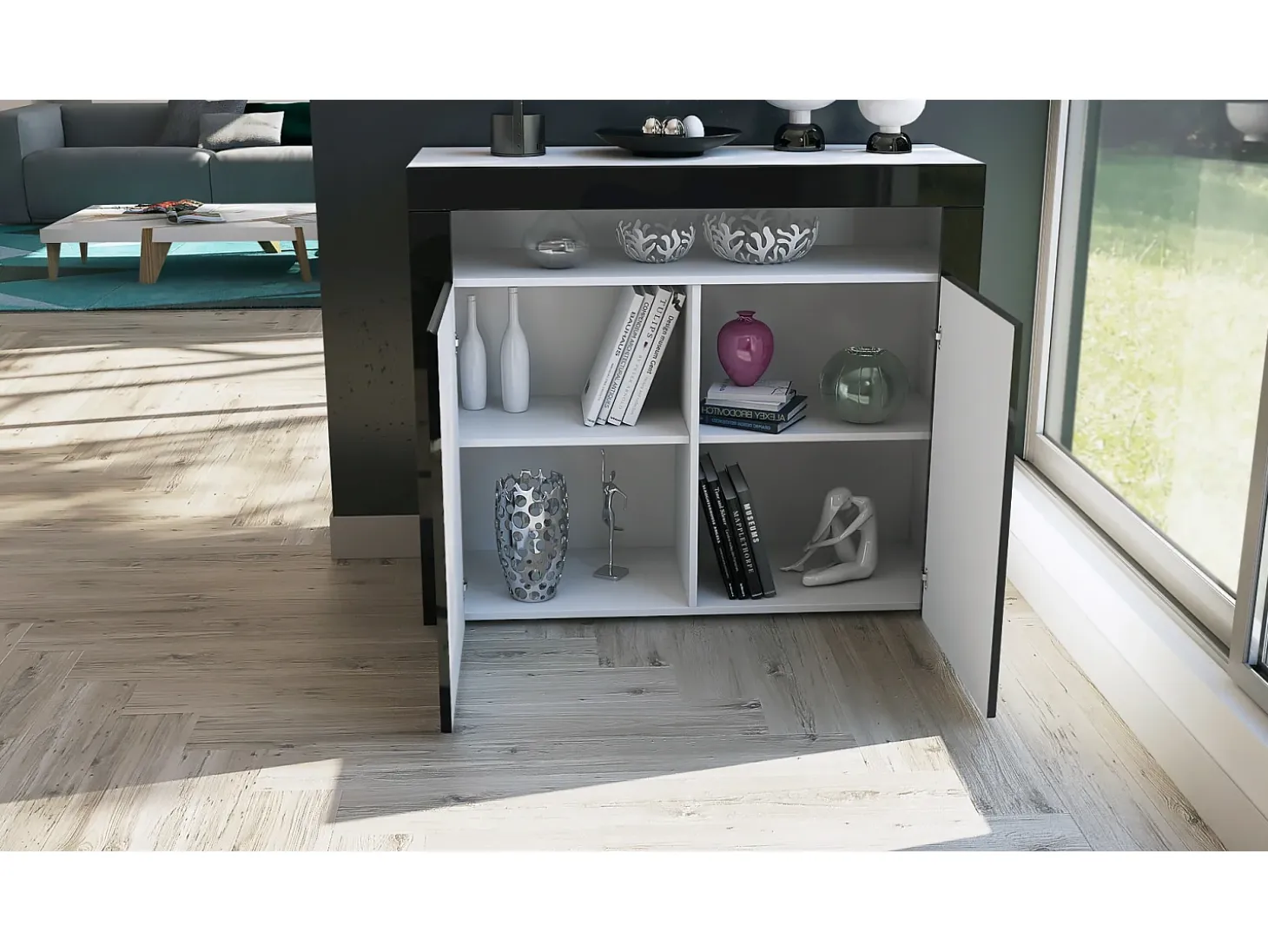 Vladon Cómoda Valencia, Cajonera con 2 Puertas y 1 Compartimento abierto, Blanco mate/gris arena de alto brillo/gris arena de alto brillo (108 x 92 x 40 cm)
