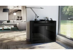 Vladon Cómoda Valencia, Cajonera con 2 Puertas y 1 Compartimento abierto, Negro mate/negro de alto brillo/negro de alto brillo (108 x 92 x 40 cm)