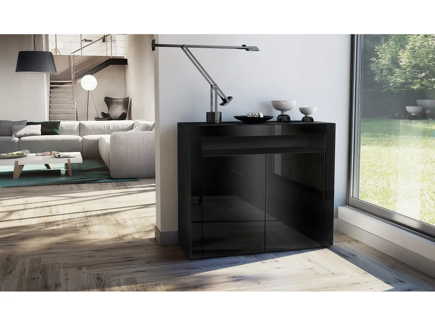 Vladon Cómoda Valencia, Cajonera con 2 Puertas y 1 Compartimento abierto, Negro mate/negro de alto brillo/negro de alto brillo (108 x 92 x 40 cm)