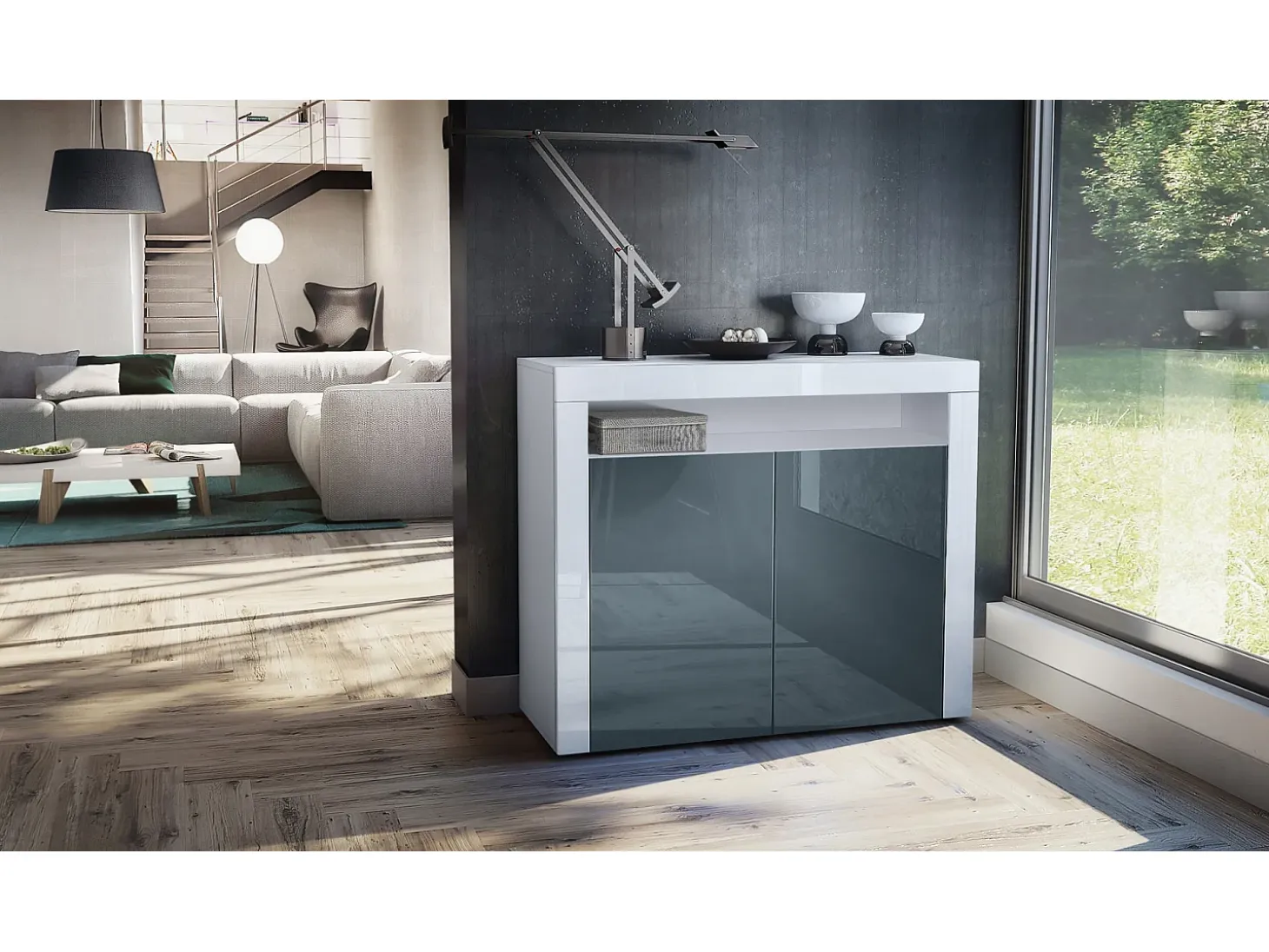 Vladon Cómoda Valencia, Cajonera con 2 Puertas y 1 Compartimento abierto, Blanco mate/gris de alto brillo/blanco de alto brillo (108 x 92 x 40 cm)