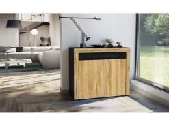 Vladon Cómoda Valencia, Cajonera con 2 Puertas y 1 Compartimento abierto, Negro mate/roble natural/roble natural (108 x 92 x 40 cm)