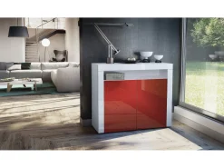 Vladon Cómoda Valencia, Cajonera con 2 Puertas y 1 Compartimento abierto, Blanco mate/burdeos de alto brillo/blanco de alto brillo (108 x 92 x 40 cm)