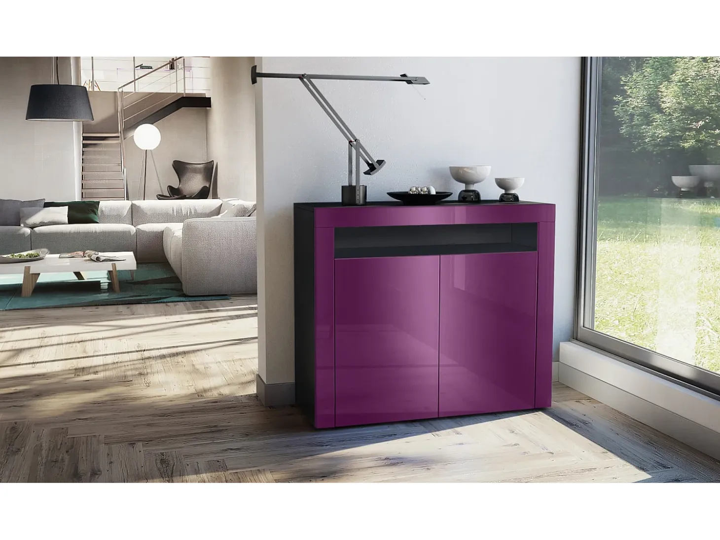 Vladon Cómoda Valencia, Cajonera con 2 Puertas y 1 Compartimento abierto, Negro mate/zarzamora de alto brillo/zarzamora de alto brillo (108 x 92 x 40 cm)