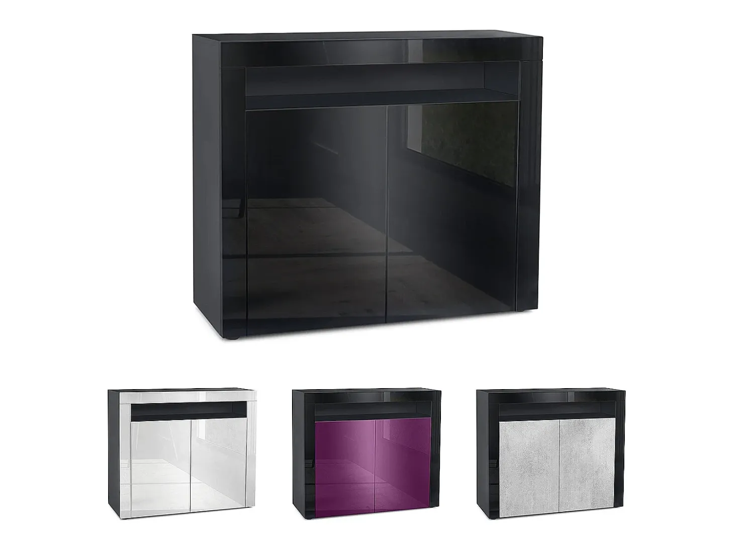 Vladon Cómoda Valencia, Cajonera con 2 Puertas y 1 Compartimento abierto, Negro mate/zarzamora de alto brillo/negro de alto brillo (108 x 92 x 40 cm)