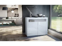 Vladon Cómoda Valencia, Cajonera con 2 Puertas y 1 Compartimento abierto, Blanco mate/blanco de alto brillo/blanco de alto brillo (108 x 92 x 40 cm)
