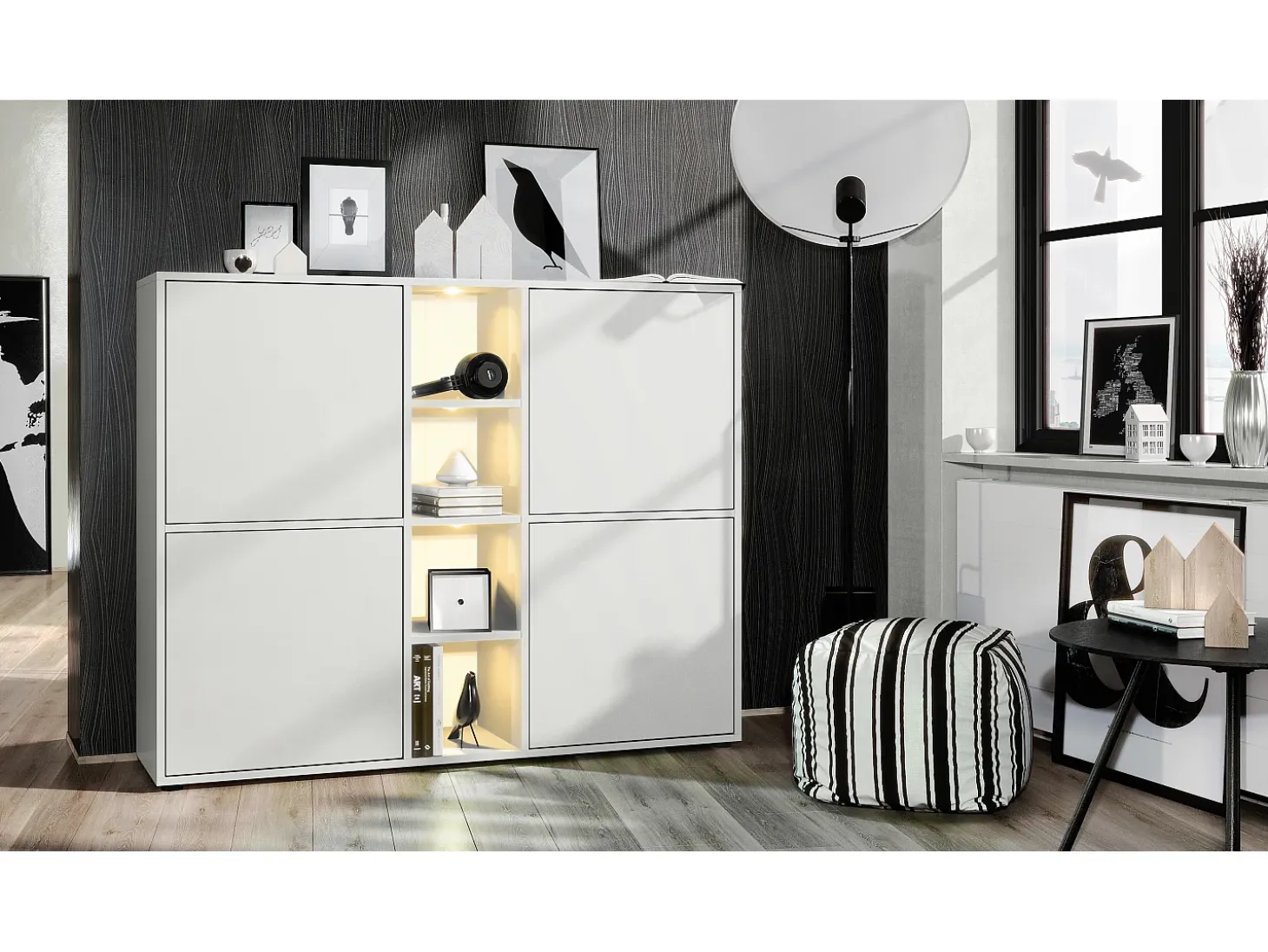 Vladon Highboard Cuba V3, blanco mate/blanco mate con LED - Aparador moderno con 12 compartimentos (130,5 x 105,5 x 35,5 cm)