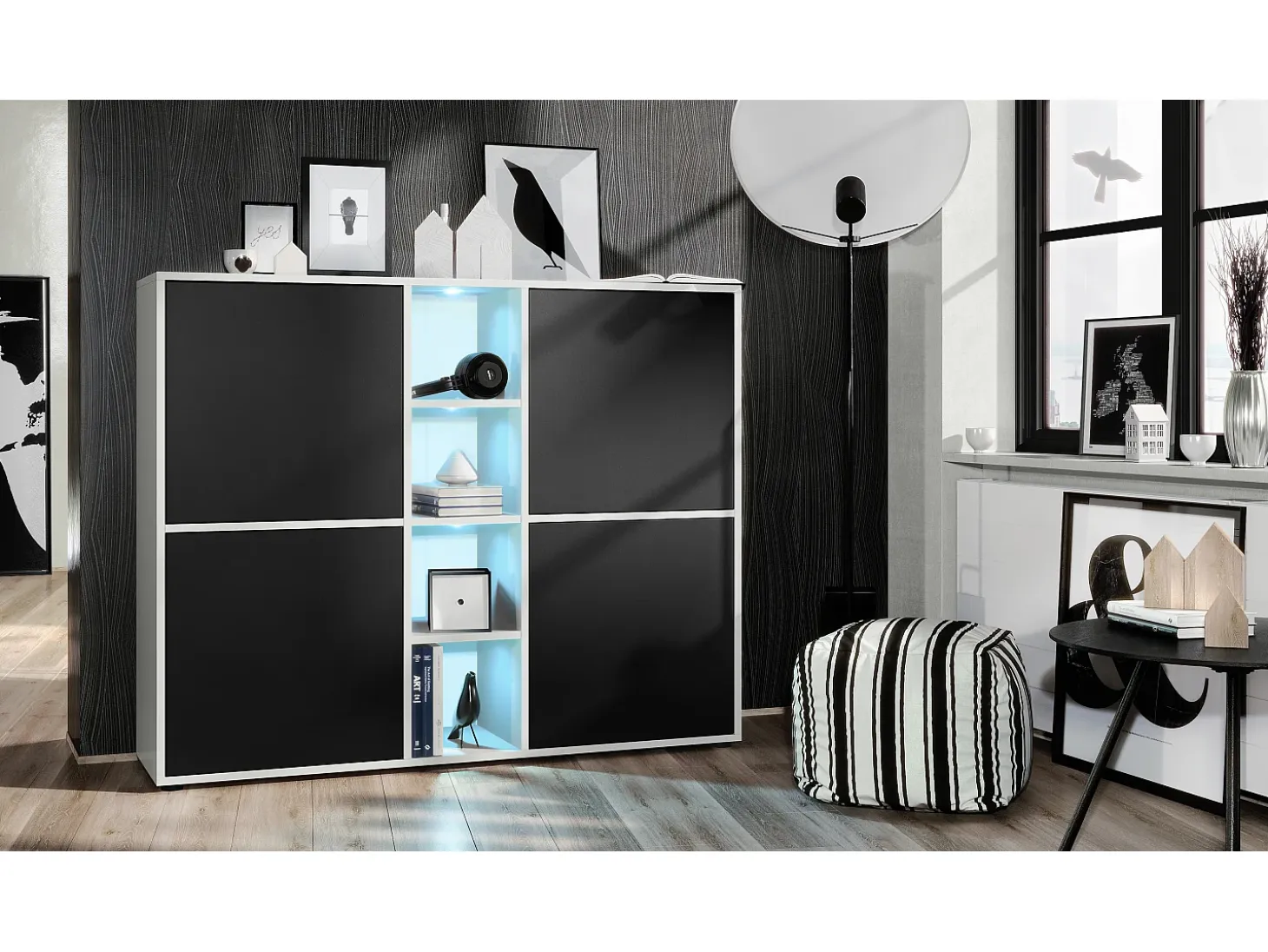 Vladon Highboard Cuba V3, blanco mate/negro mate con LED - Aparador moderno con 12 compartimentos (130,5 x 105,5 x 35,5 cm)