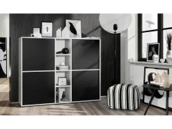 Vladon Highboard Cuba V3, blanco mate/negro mate - Aparador moderno con 12 compartimentos (130,5 x 105,5 x 35,5 cm)