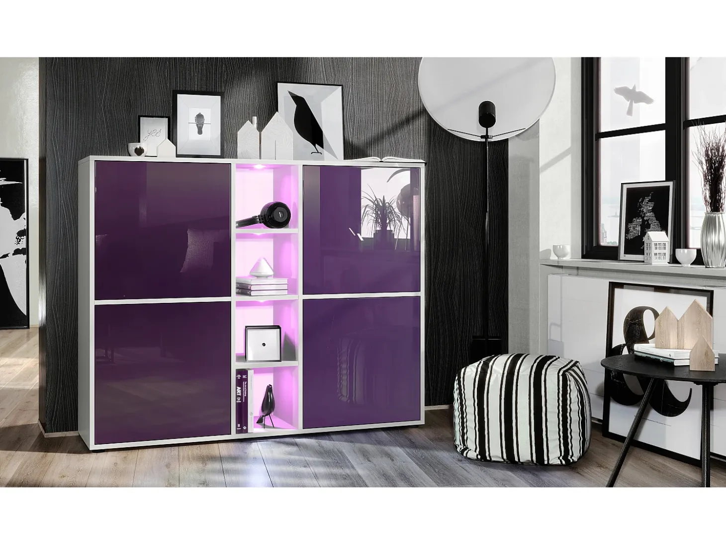 Vladon Highboard Cuba V3, blanco mate/zarzamora de alto brillo con LED - Aparador moderno con 12 compartimentos (130,5 x 105,5 x 35,5 cm)