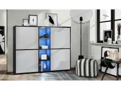 Vladon Highboard Cuba V3, negro mate/gris claro satinado con LED - Aparador moderno con 12 compartimentos (130,5 x 105,5 x 35,5 cm)