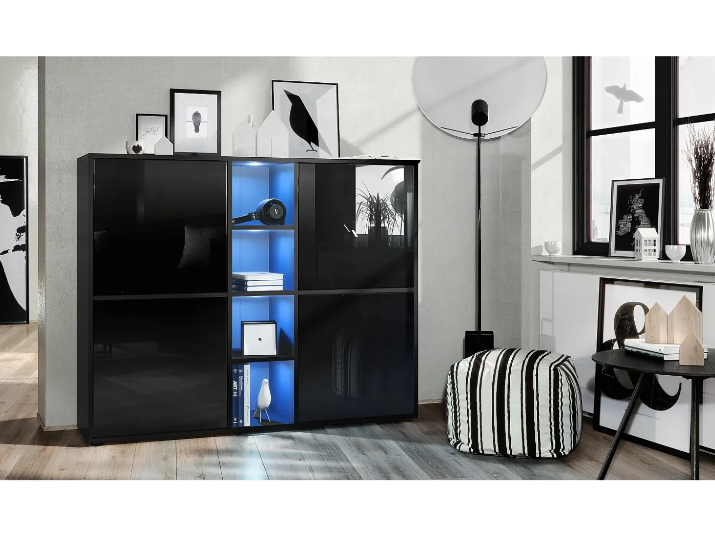 Vladon Highboard Cuba V3, negro mate/negro de alto brillo con LED - Aparador moderno con 12 compartimentos (130,5 x 105,5 x 35,5 cm)