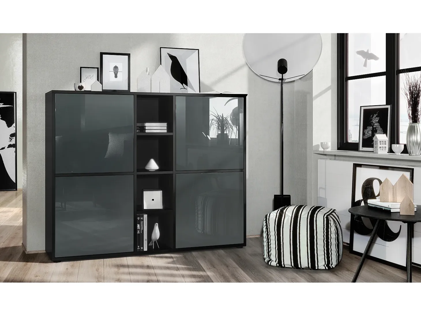 Vladon Highboard Cuba V3, negro mate/gris de alto brillo - Aparador moderno con 12 compartimentos (130,5 x 105,5 x 35,5 cm)
