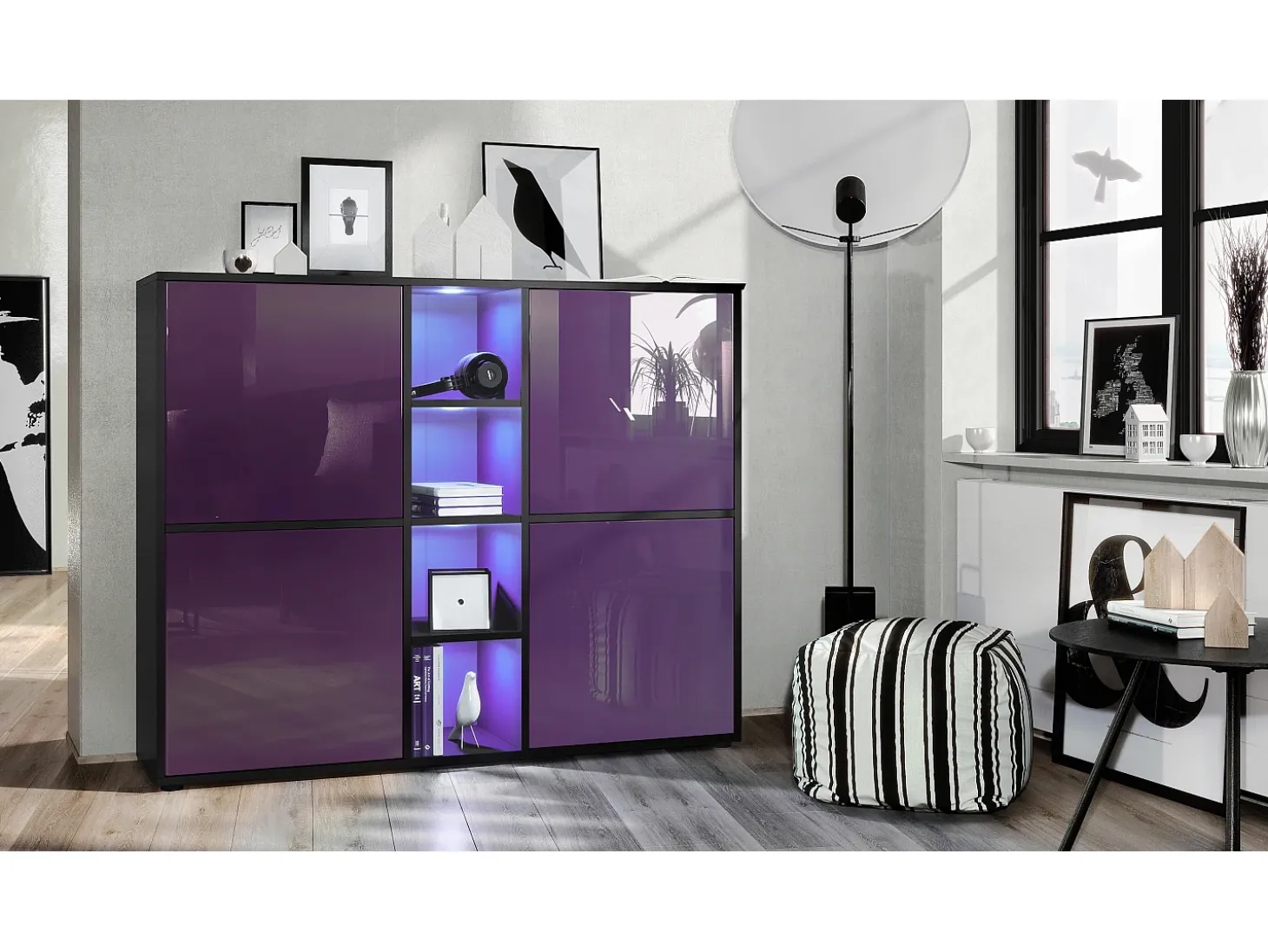 Vladon Highboard Cuba V3, negro mate/zarzamora de alto brillo con LED - Aparador moderno con 12 compartimentos (130,5 x 105,5 x 35,5 cm)