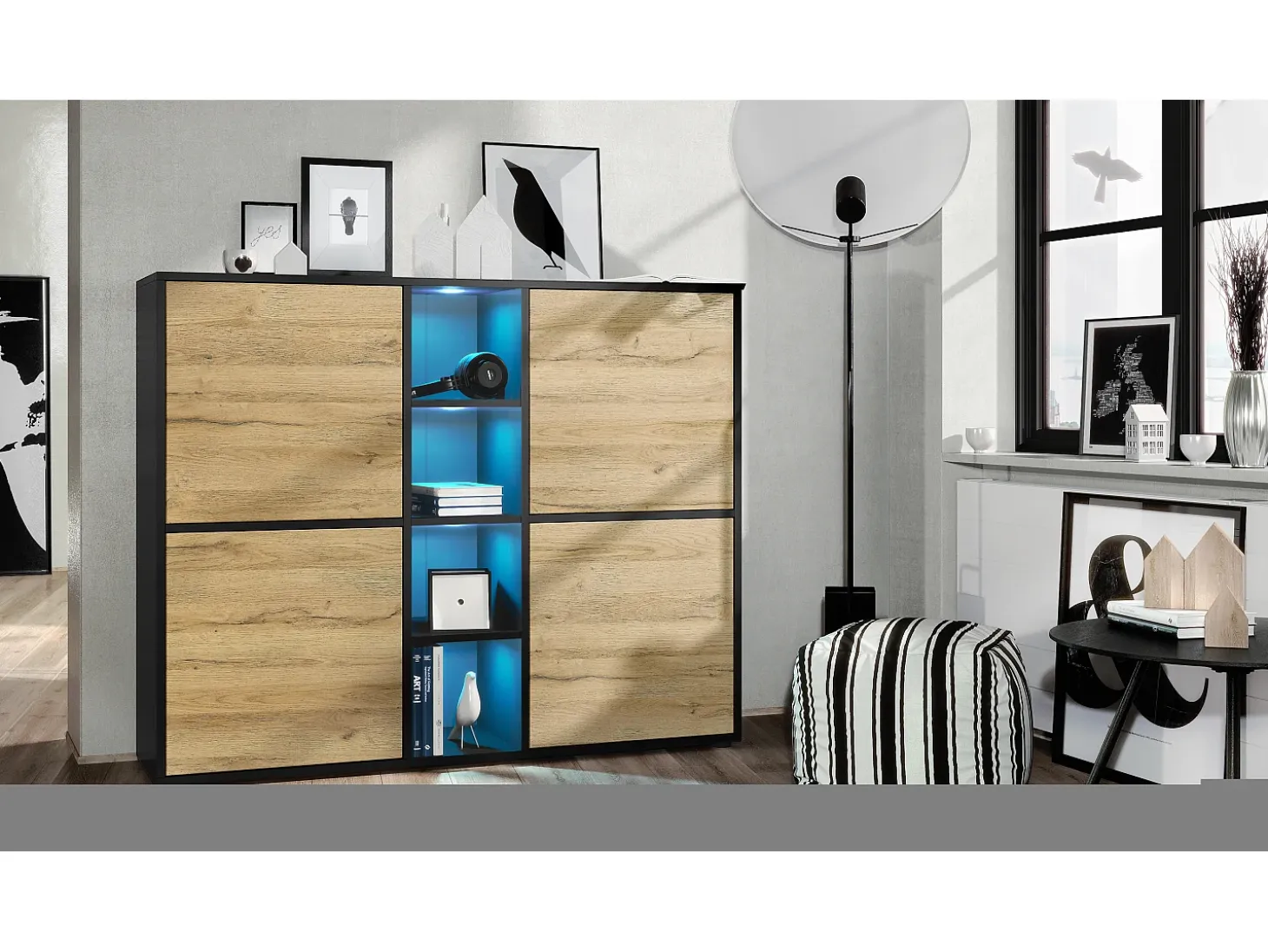 Vladon Highboard Cuba V3, negro mate/roble natural con LED - Aparador moderno con 12 compartimentos (130,5 x 105,5 x 35,5 cm)