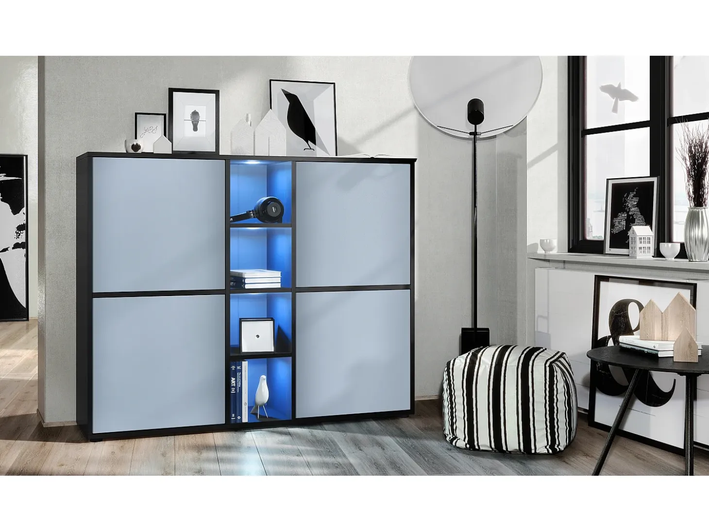 Vladon Highboard Cuba V3, negro mate/mezclilla mate con LED - Aparador moderno con 12 compartimentos (130,5 x 105,5 x 35,5 cm)
