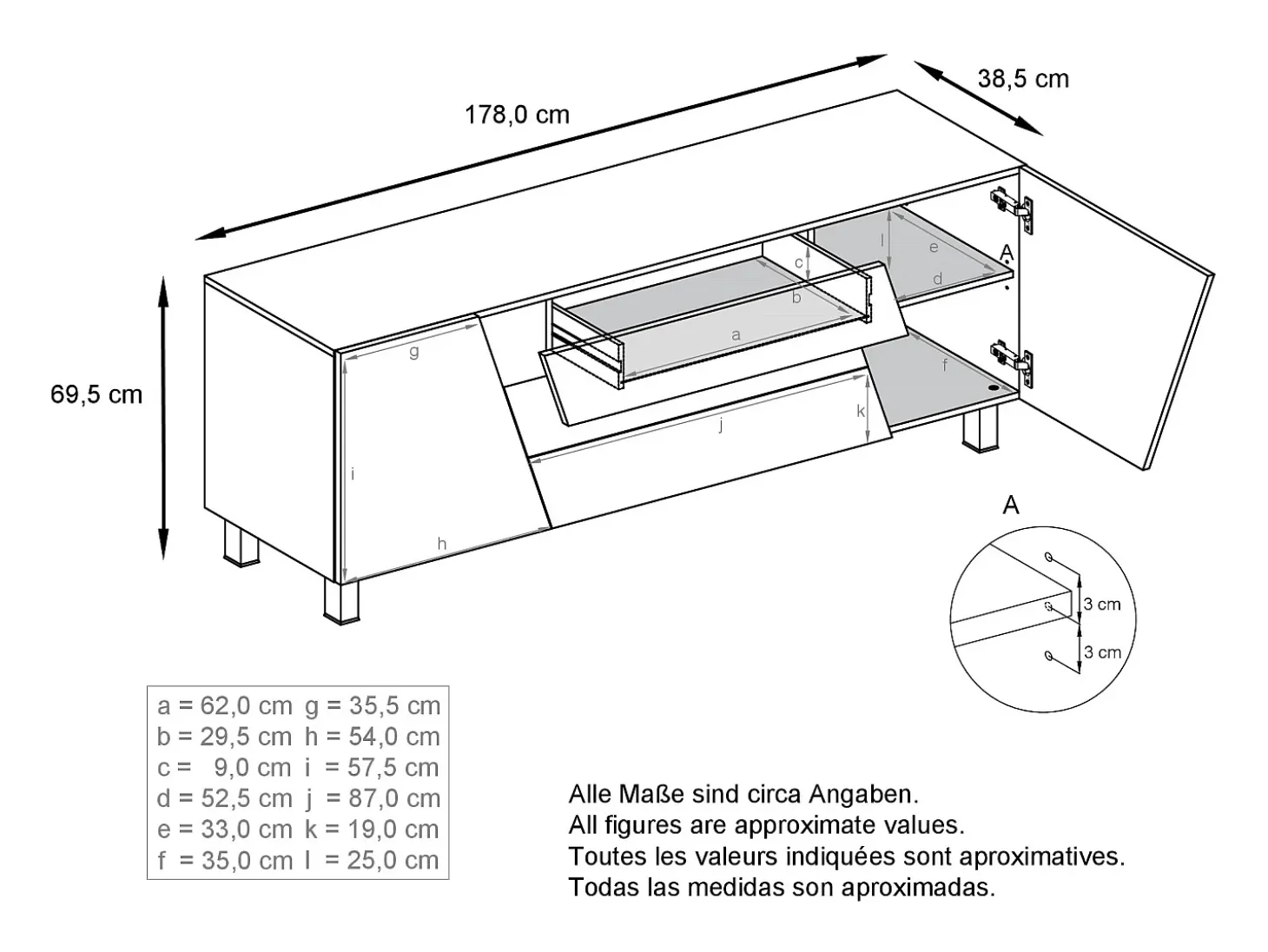 Vladon Sideboard Houston, cassettiera a 2 ante e 3 cassetti, mobile bianco opaco, frontali bianco opaco, incl. iluminación LED (178 x 57,5 x 38,5 cm)