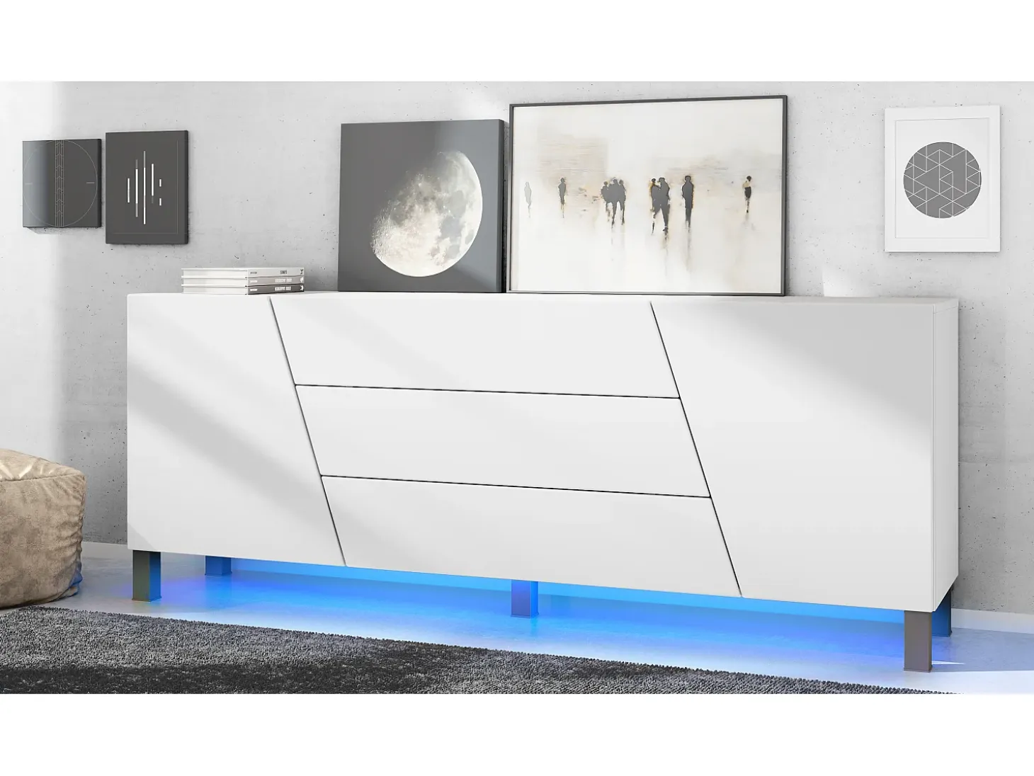Vladon Sideboard Houston, cassettiera a 2 ante e 3 cassetti, mobile bianco opaco, frontali bianco opaco, incl. iluminación LED (178 x 57,5 x 38,5 cm)
